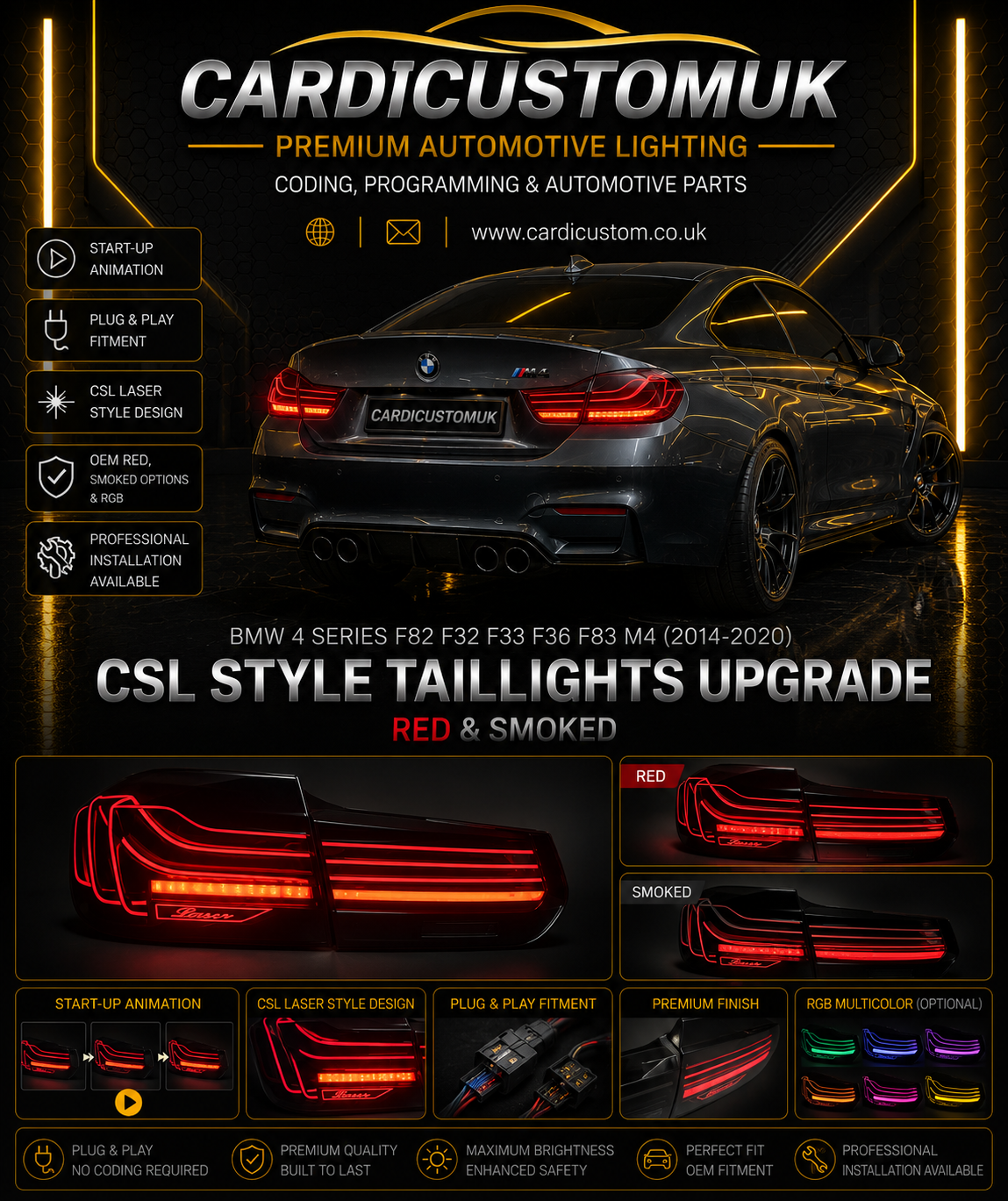 BMW 4 Series F82 F32 F33 F36 F83 M4 Taillights 2014-2020  Upgrade CSL Rear LED Lamp + Dynamic Turn Signal
