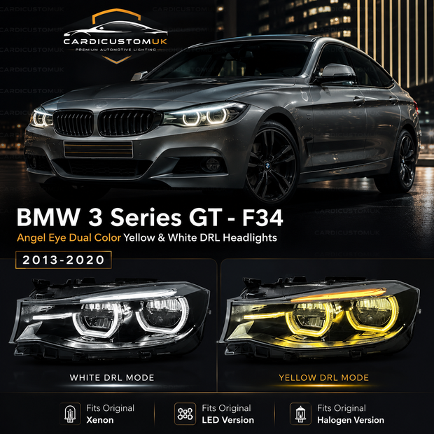 BMW 3 Series GT F34 Angel Eye Headlights with Dual-Colour White and Yellow DRLs,